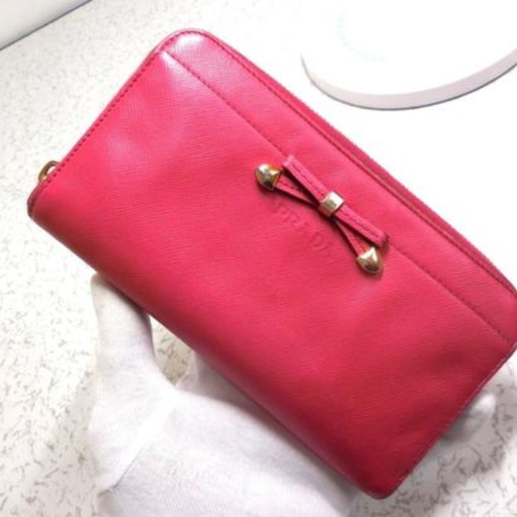 PRADA Rose Red Saffiano Leather Zip Around XL - Picture 1 of 8